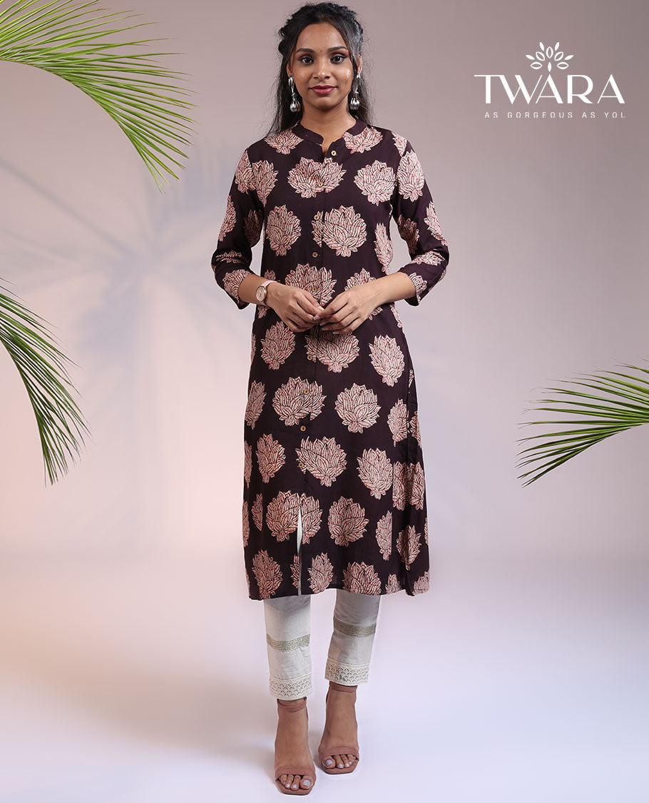 Twara brown floral motifs printed 3/4th sleeve & Chinese collar cotton a-line below-knee kurti