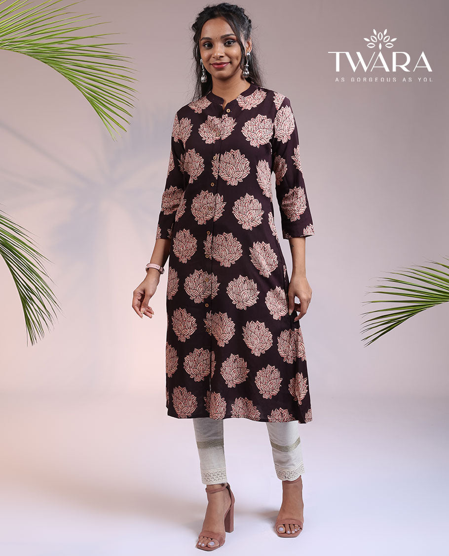 Twara brown floral motifs printed 3/4th sleeve & Chinese collar cotton a-line below-knee kurti
