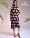 Twara brown floral motifs printed 3/4th sleeve & Chinese collar cotton a-line below-knee kurti