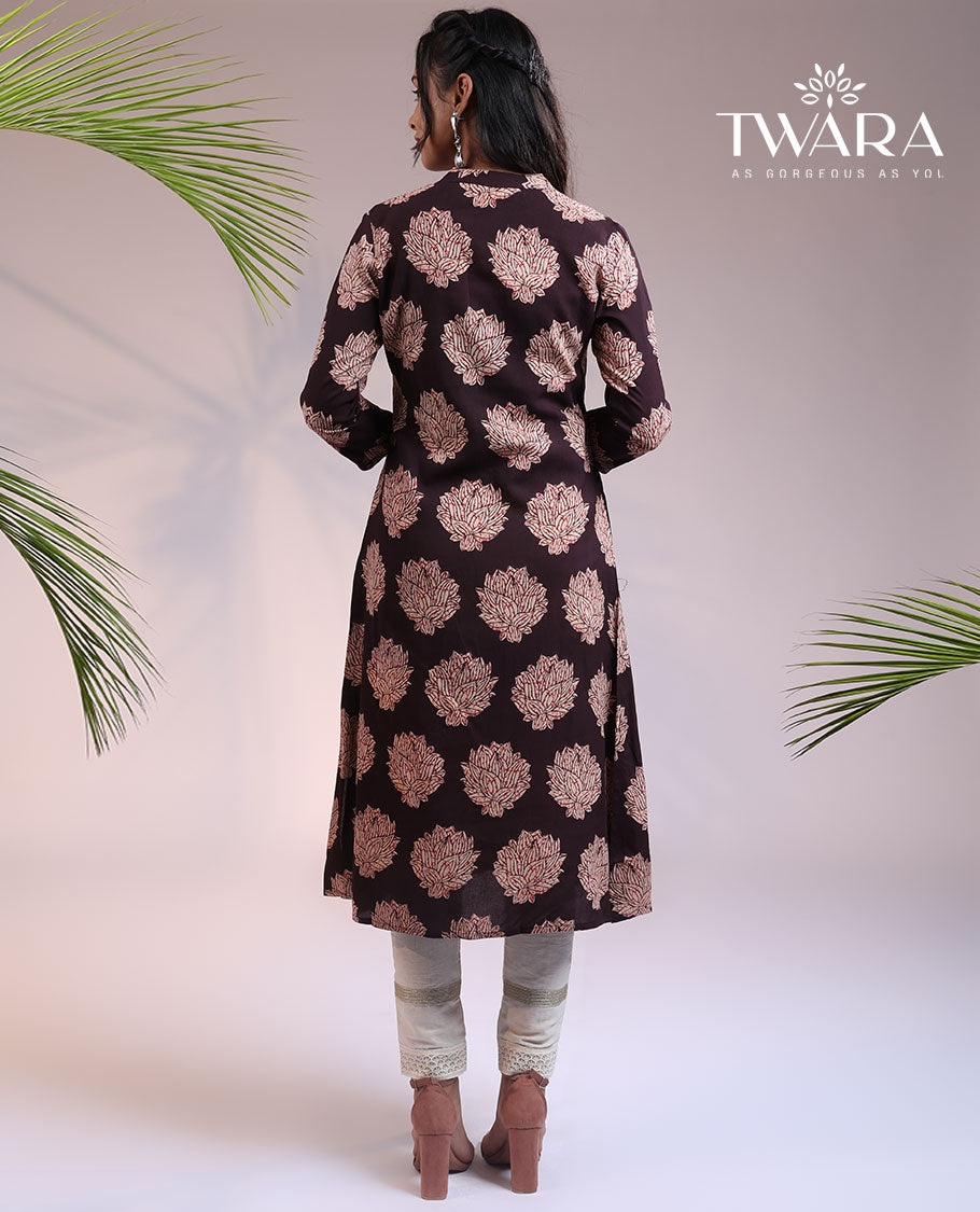 Twara brown floral motifs printed 3/4th sleeve & Chinese collar cotton a-line below-knee kurti
