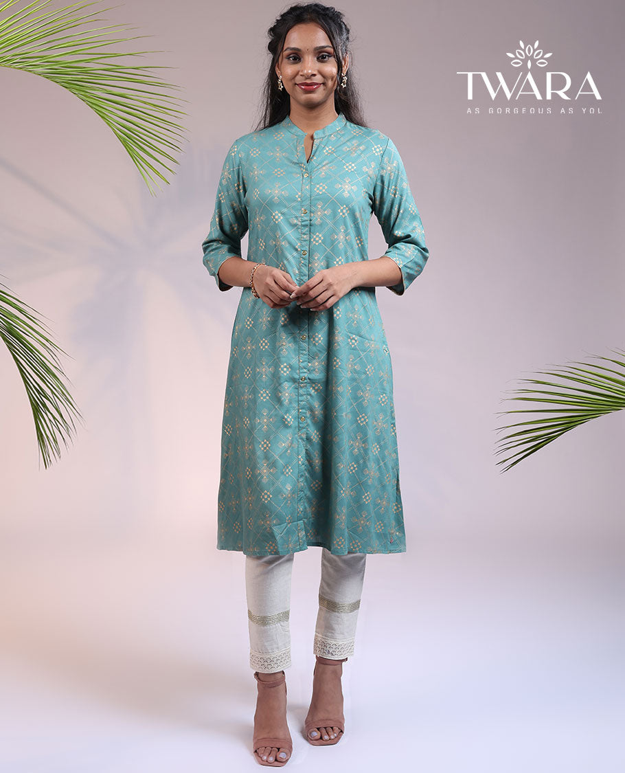 Twara green argyle glitter printed 3/4th sleeve & Chinese collar cotton a-line below-knee kurti