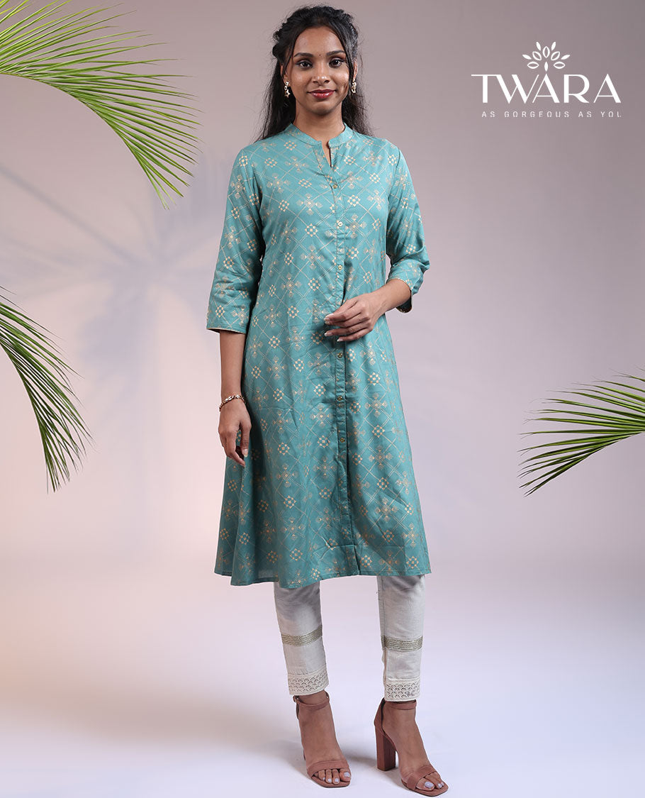 Twara green argyle glitter printed 3/4th sleeve & Chinese collar cotton a-line below-knee kurti