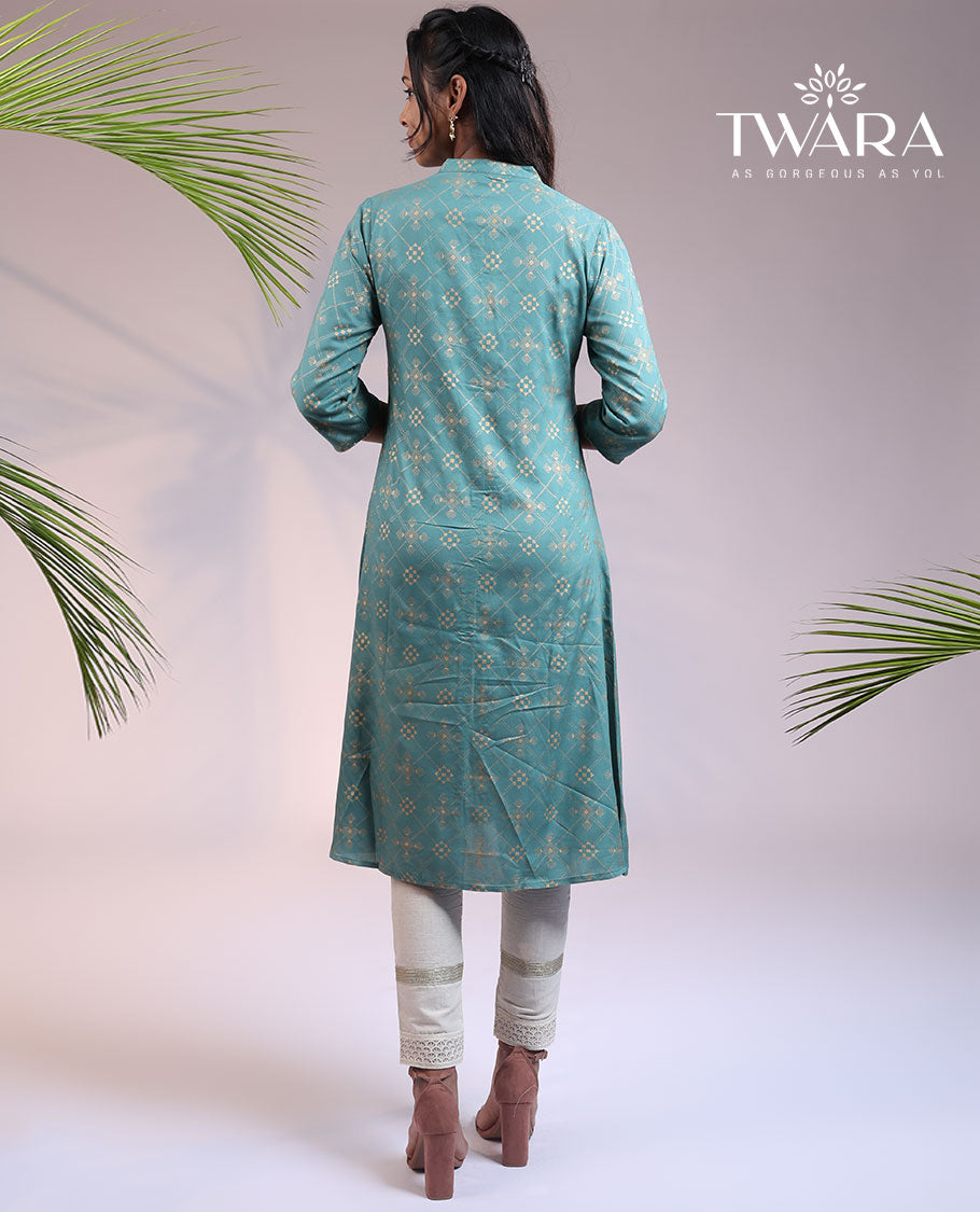 Twara green argyle glitter printed 3/4th sleeve & Chinese collar cotton a-line below-knee kurti