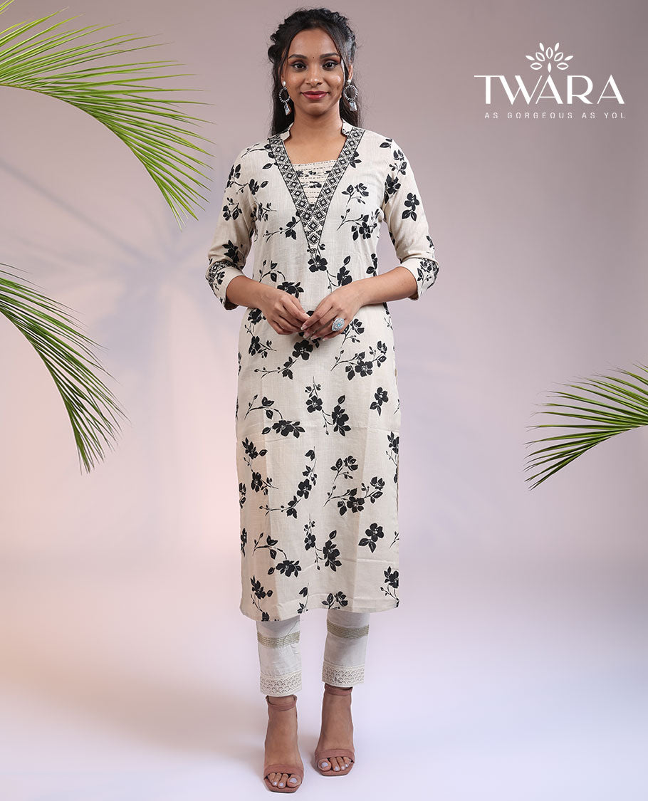 Twara off-white floral motifs printed 3/4th sleeve & collar cotton straight-cut below-knee kurti