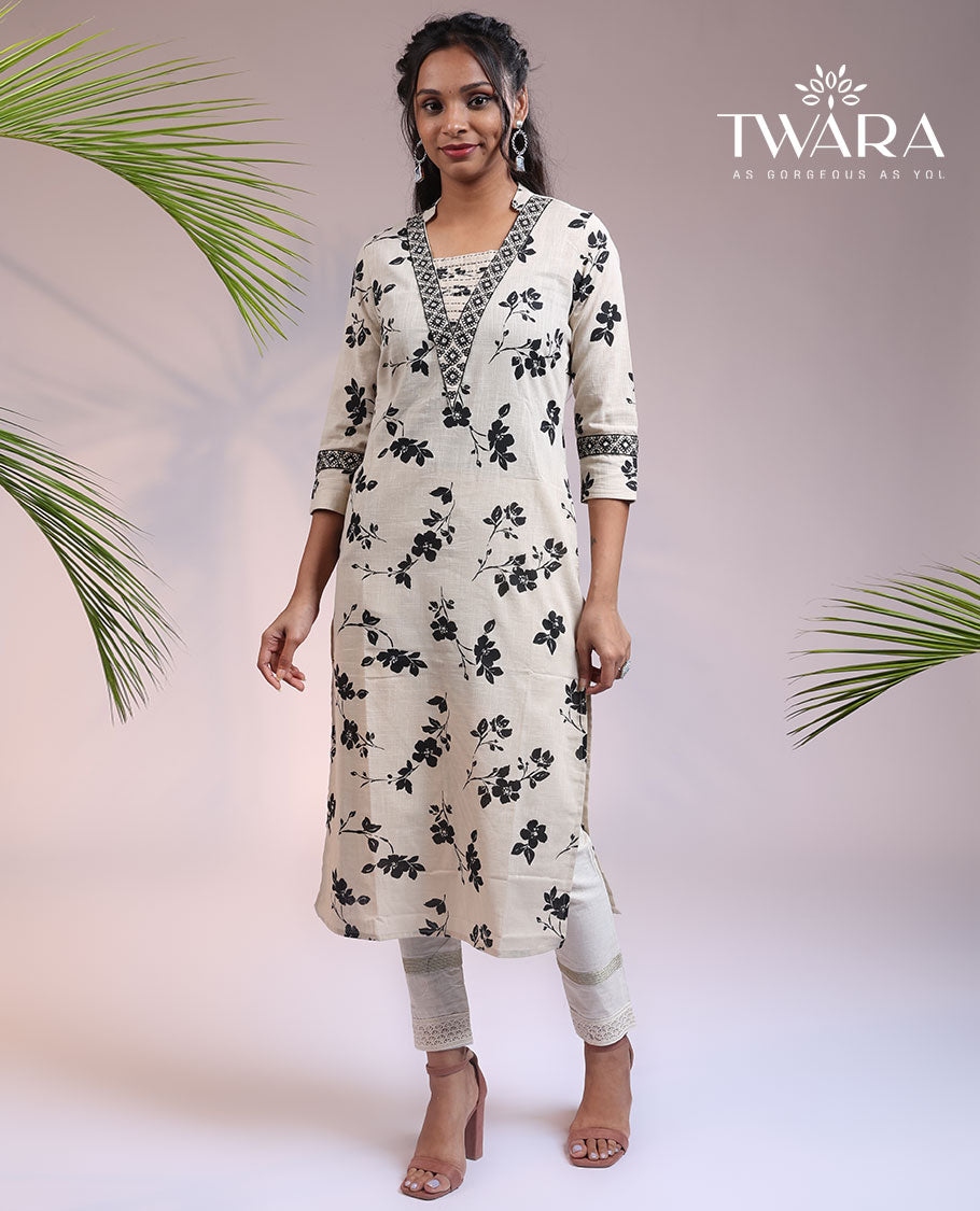 Twara off-white floral motifs printed 3/4th sleeve & collar cotton straight-cut below-knee kurti