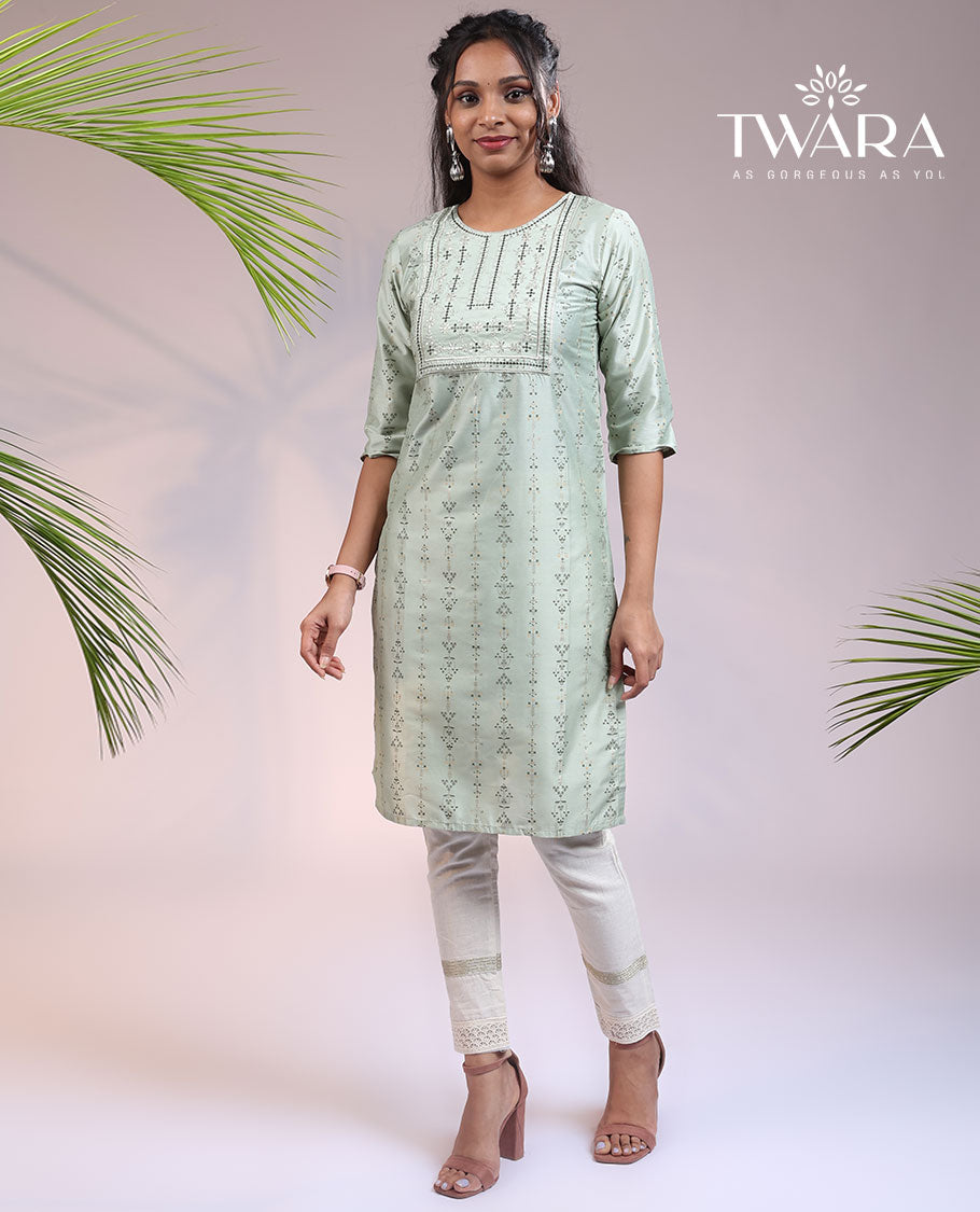 Twara green intricately printed & embroidery 3/4th sleeve & round neck straight-cut knee-length kurti