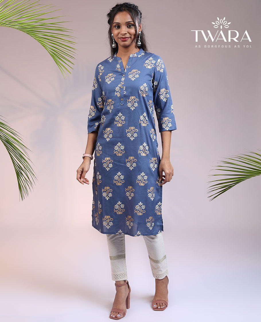 Twara blue unique buttas 3/4th sleeve & Chinese collar cotton straight-cut knee-length kurti