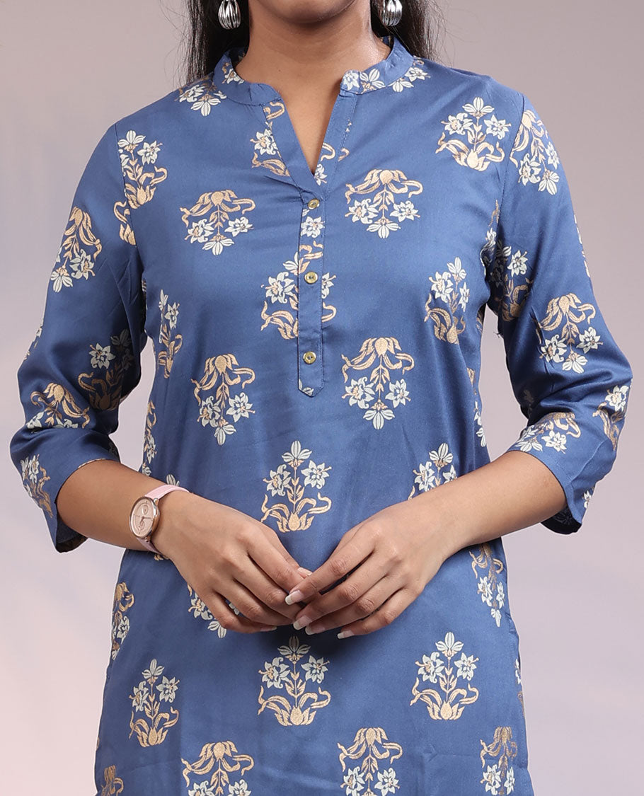 Twara blue unique buttas 3/4th sleeve & Chinese collar cotton straight-cut knee-length kurti