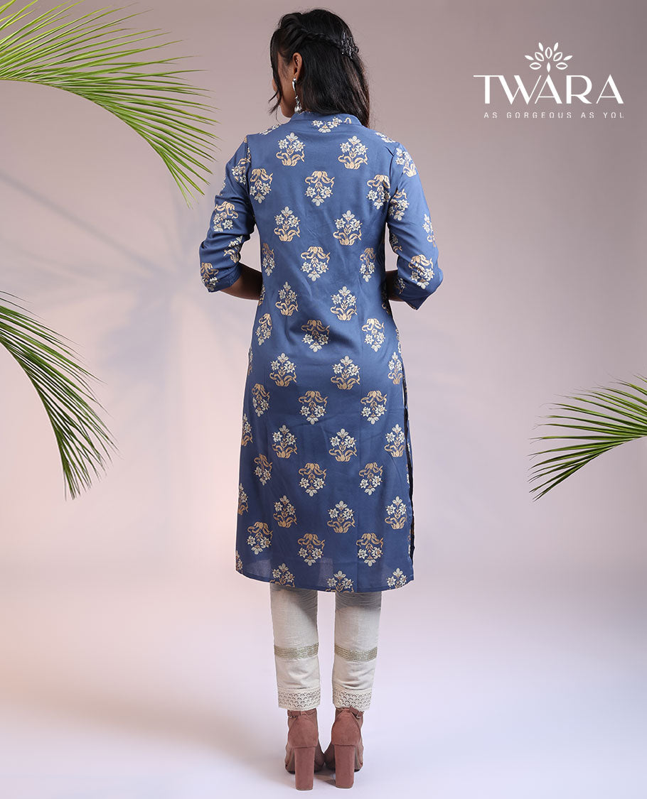 Twara blue unique buttas 3/4th sleeve & Chinese collar cotton straight-cut knee-length kurti
