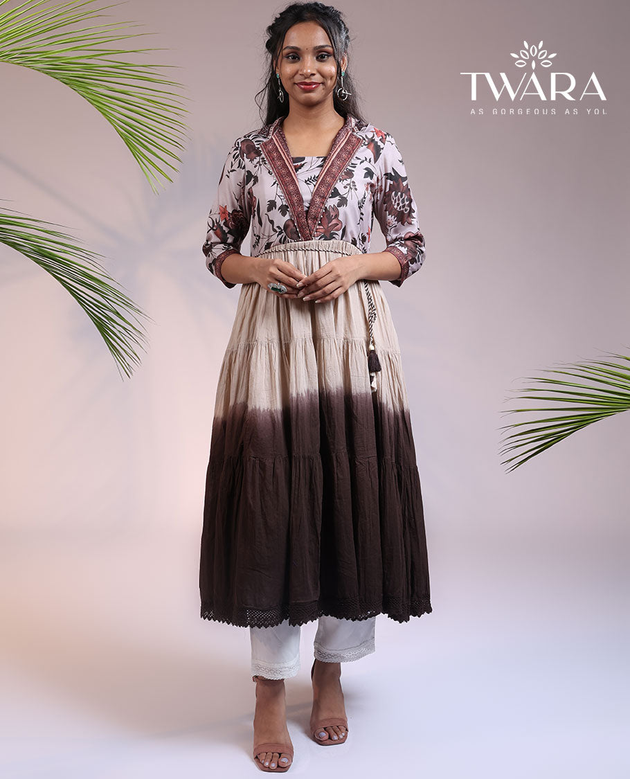 Twara brown floral print 3/4th sleeve & collar a-line calf-length ombre kurti