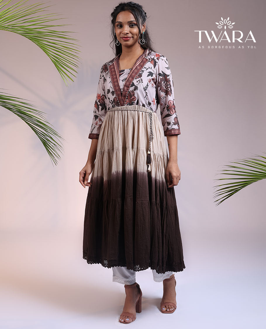 Twara brown floral print 3/4th sleeve & collar a-line calf-length ombre kurti