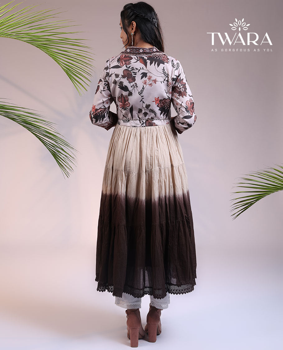 Twara brown floral print 3/4th sleeve & collar a-line calf-length ombre kurti