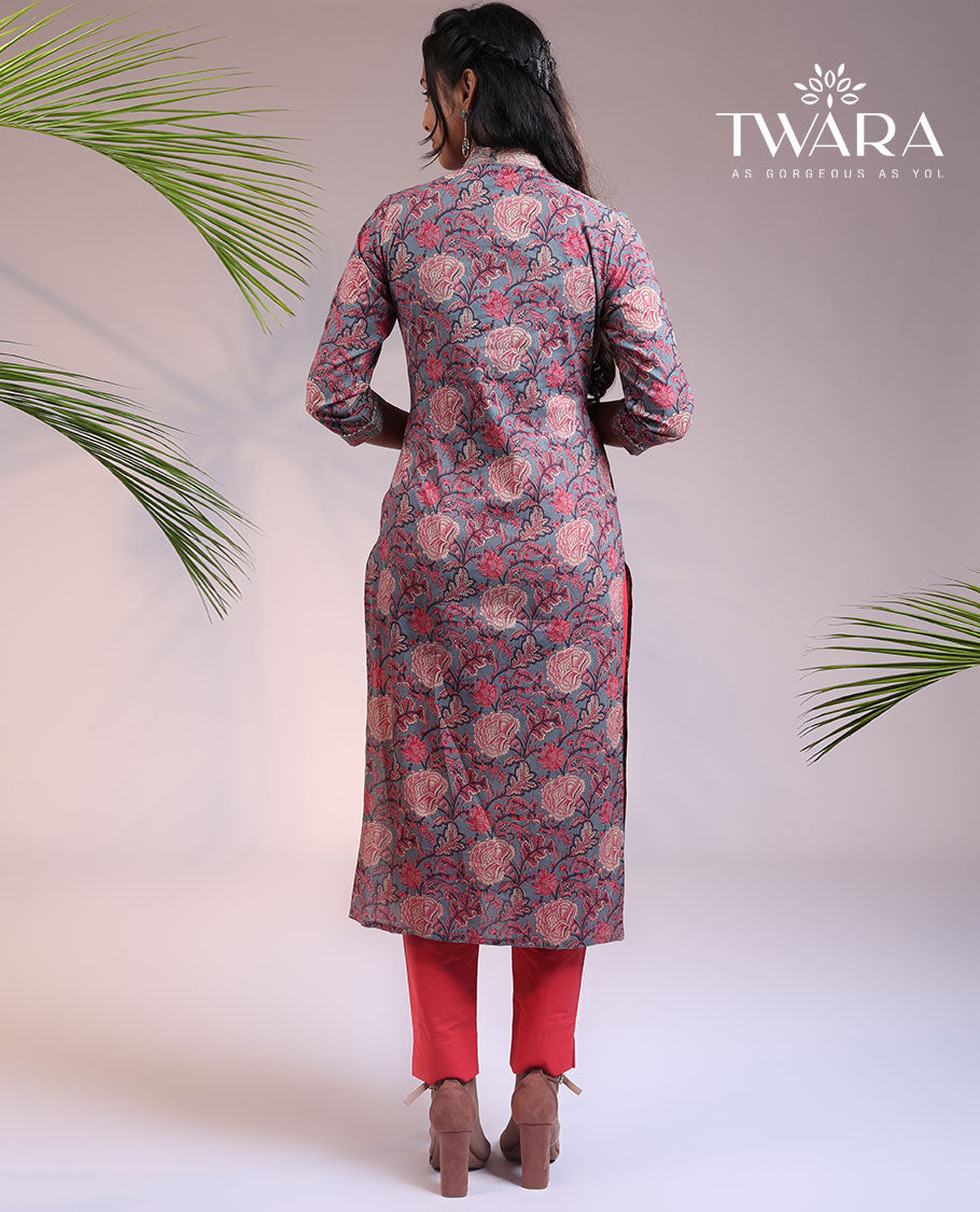 Twara grey floral printed 3/4th sleeve & V-neck cotton straight-cut below-knee kurti