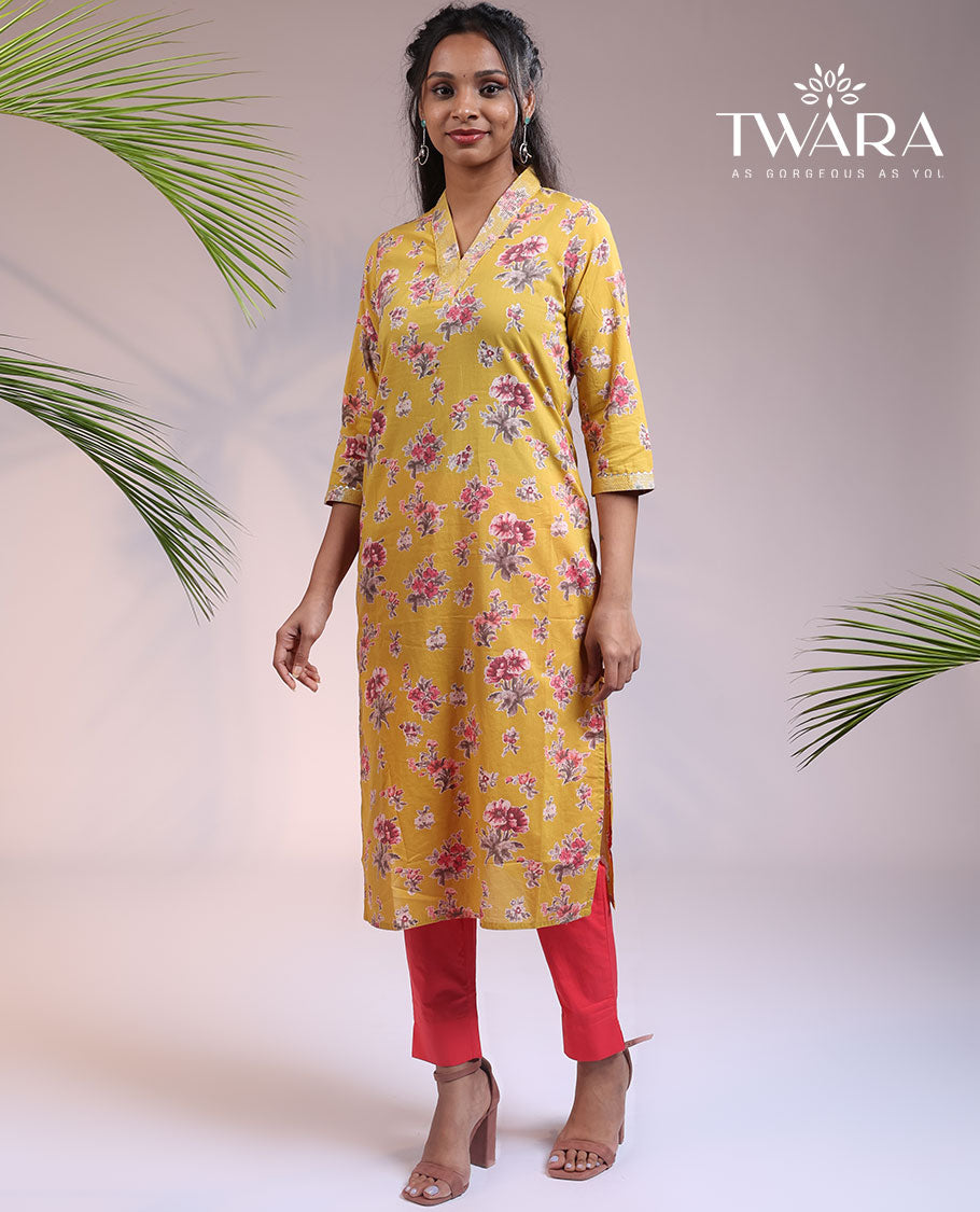 Twara mustard floral printed 3/4th sleeve & V-neck cotton straight-cut below-knee kurti