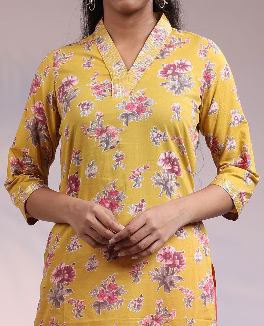 Twara mustard floral printed 3/4th sleeve & V-neck cotton straight-cut below-knee kurti
