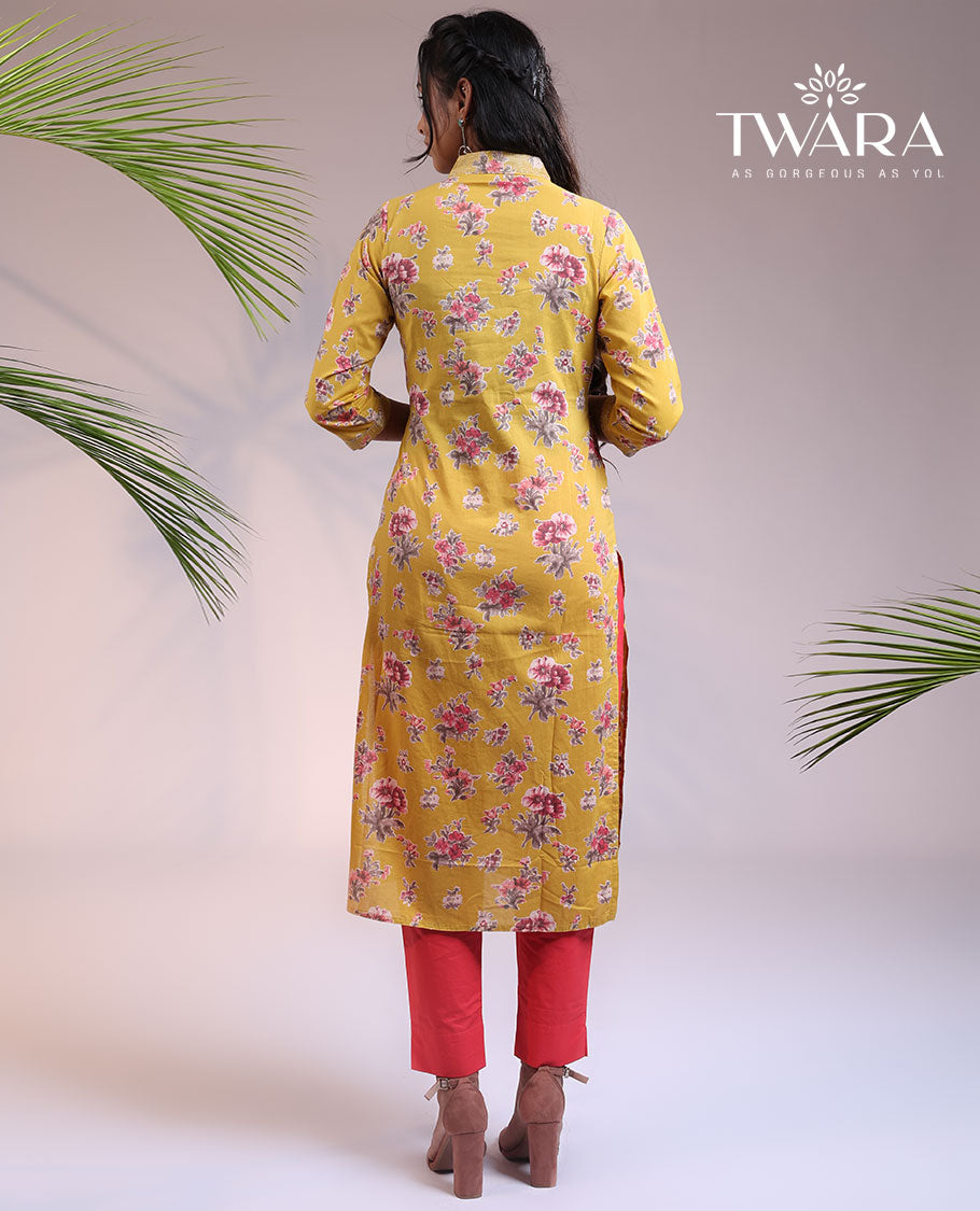 Twara mustard floral printed 3/4th sleeve & V-neck cotton straight-cut below-knee kurti