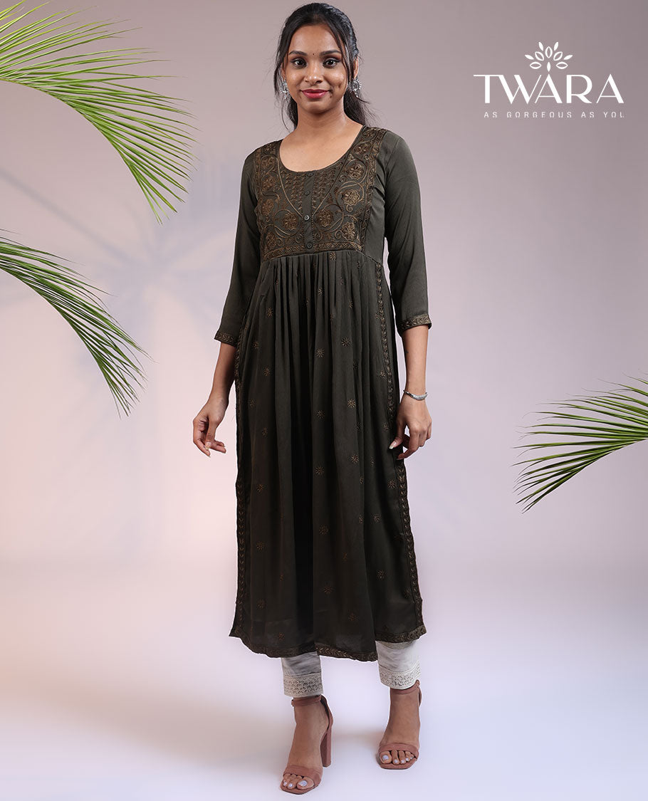 Twara green floral embroidered 3/4th sleeve & round-neck nyra-cut calf-length kurti