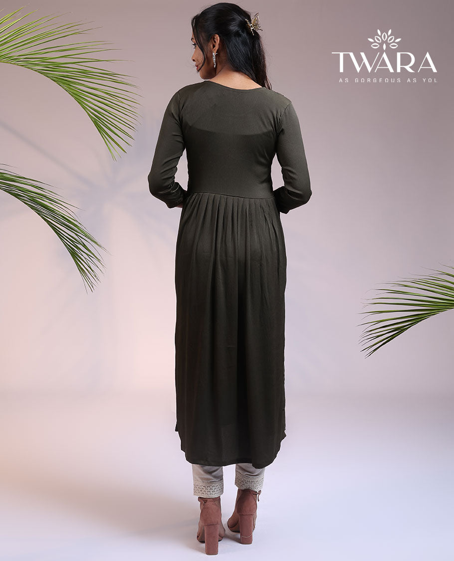 Twara green floral embroidered 3/4th sleeve & round-neck nyra-cut calf-length kurti