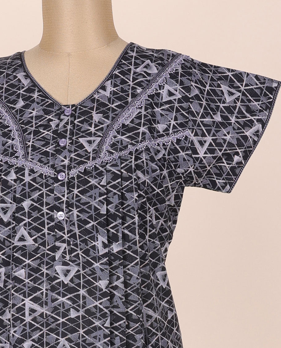 Black geometric printed & lace work cotton half-sleeve button-style nighty