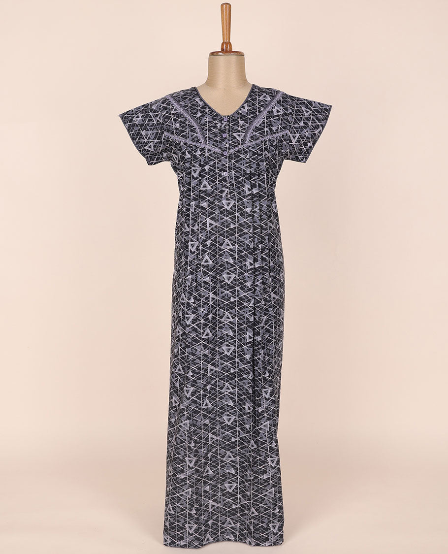 Black geometric printed & lace work cotton half-sleeve button-style nighty