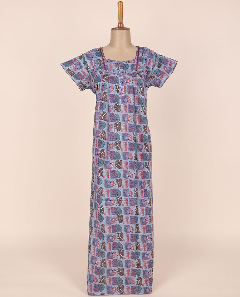 Multi-color leaf printed & lace work hexagon-neck cotton half-sleeve nighty