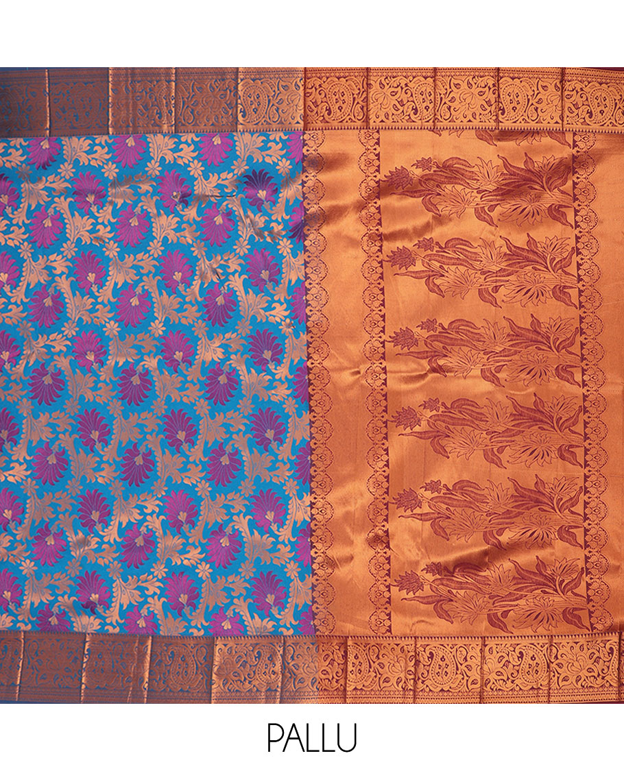 Blue floral jacquard design art silk saree, contrast floral & paisley zari border & pallu of floral designs