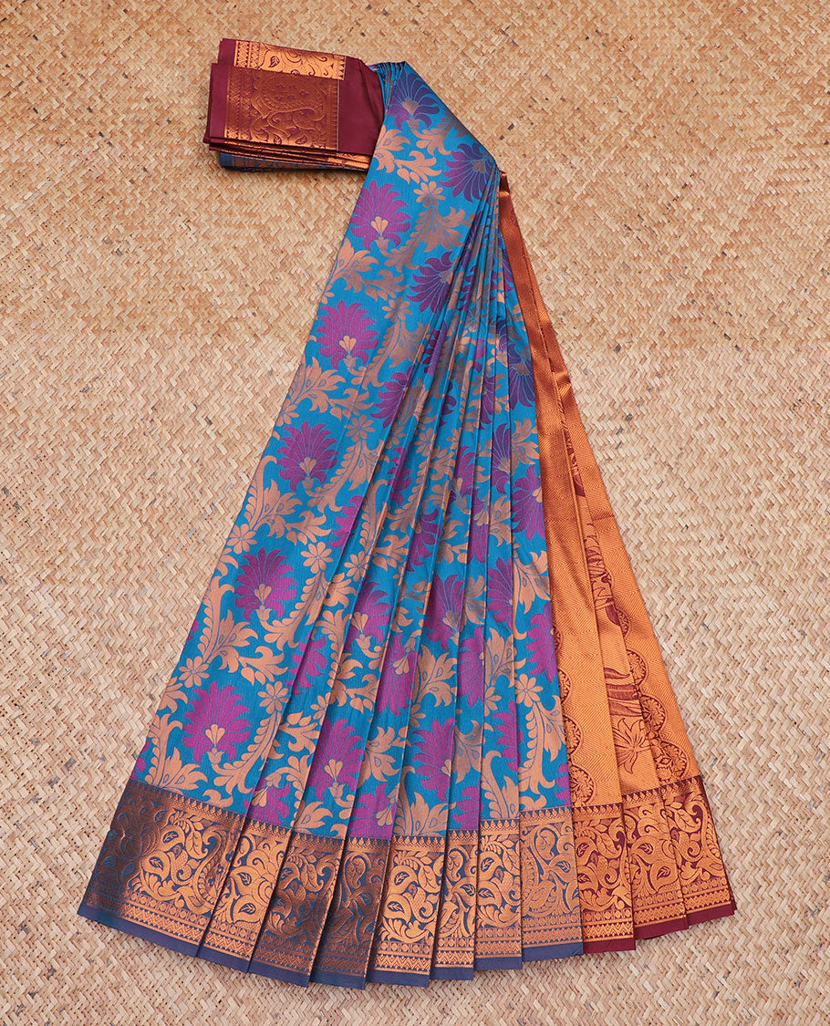 Blue floral jacquard design art silk saree, contrast floral & paisley zari border & pallu of floral designs