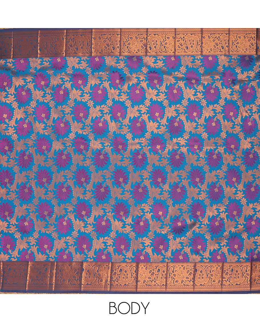 Blue floral jacquard design art silk saree, contrast floral & paisley zari border & pallu of floral designs