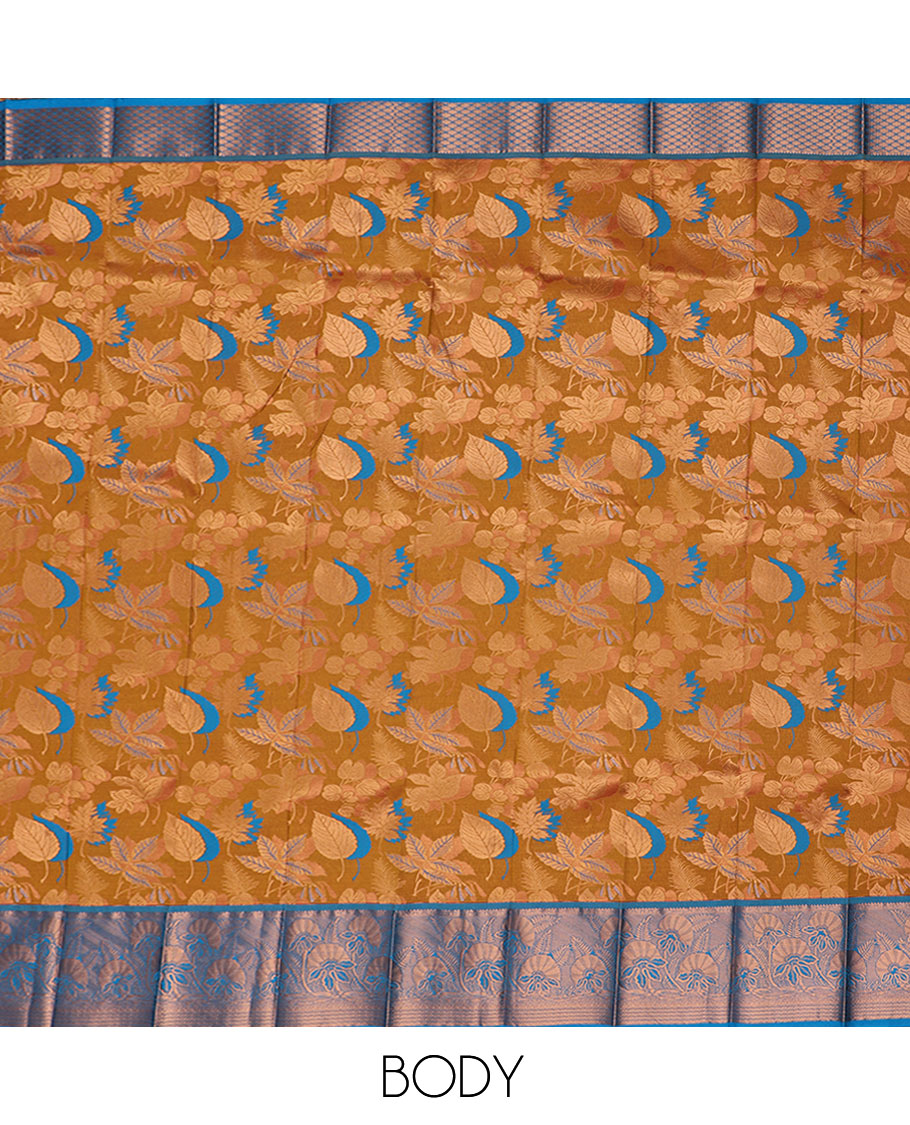 Orange jacquard art silk saree, contrast floral design border & pallu of floral & paisley designs