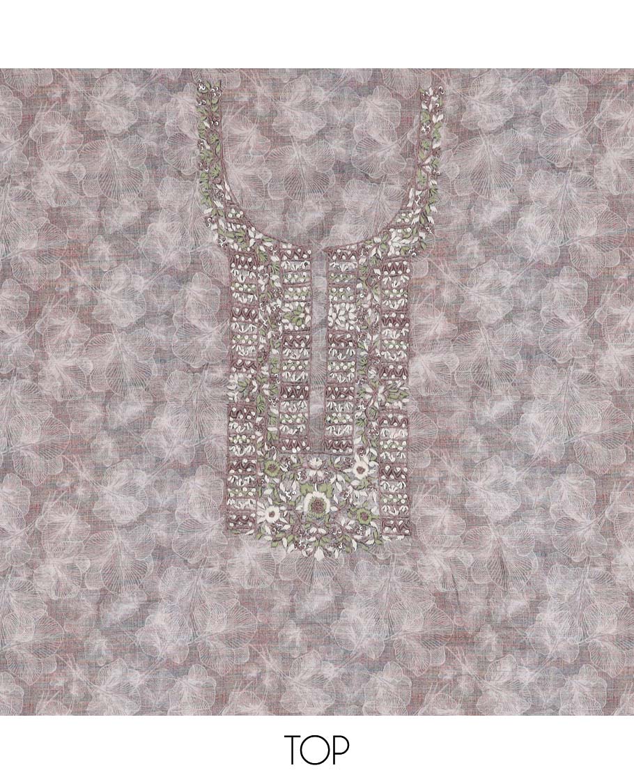 Grey material chudidhar set,floral print & embroidered chanderi top,plain bottom & chanderi dupatta of intricate print