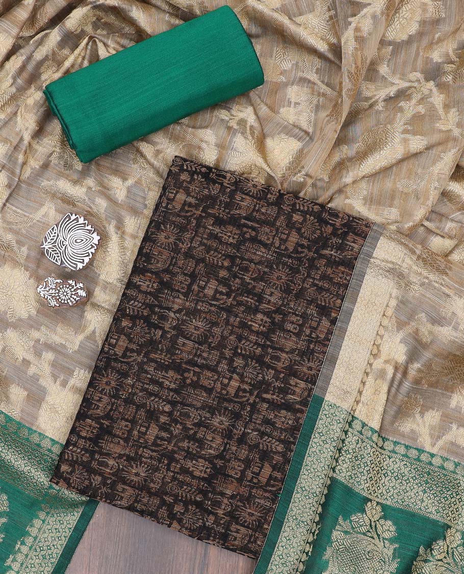 Black material chudidhar set, warli motifs steeped chanderi top, contrast plain bottom & floral jaal banaras dupatta
