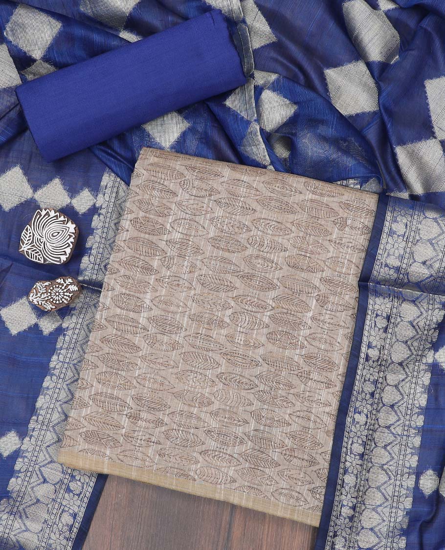 Beige material chudidhar set, leaf motifs chanderi top, contrast plain bottom & chanderi dupatta of intricate designs