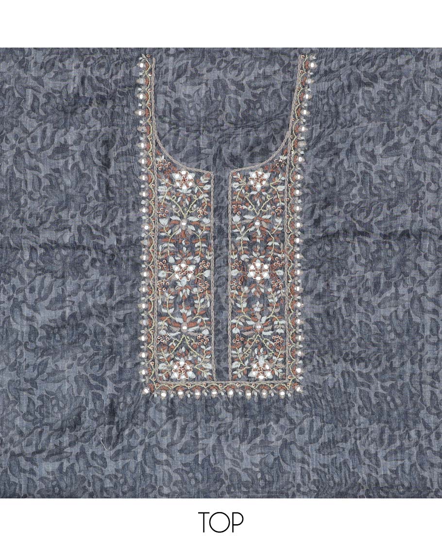 Grey material chudidhar set, floral print & neck embroidered chanderi top, plain bottom & geometric printed dupatta