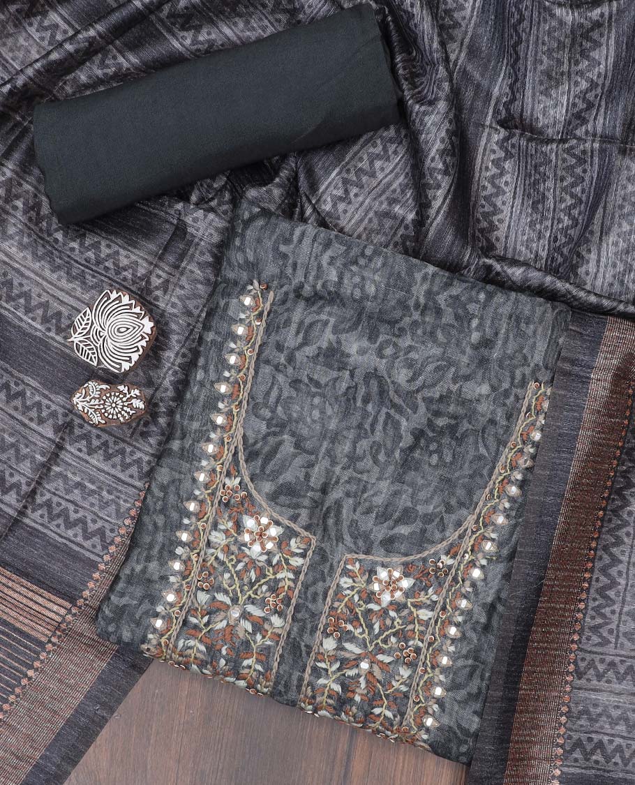 Grey material chudidhar set, floral print & neck embroidered chanderi top, plain bottom & geometric printed dupatta