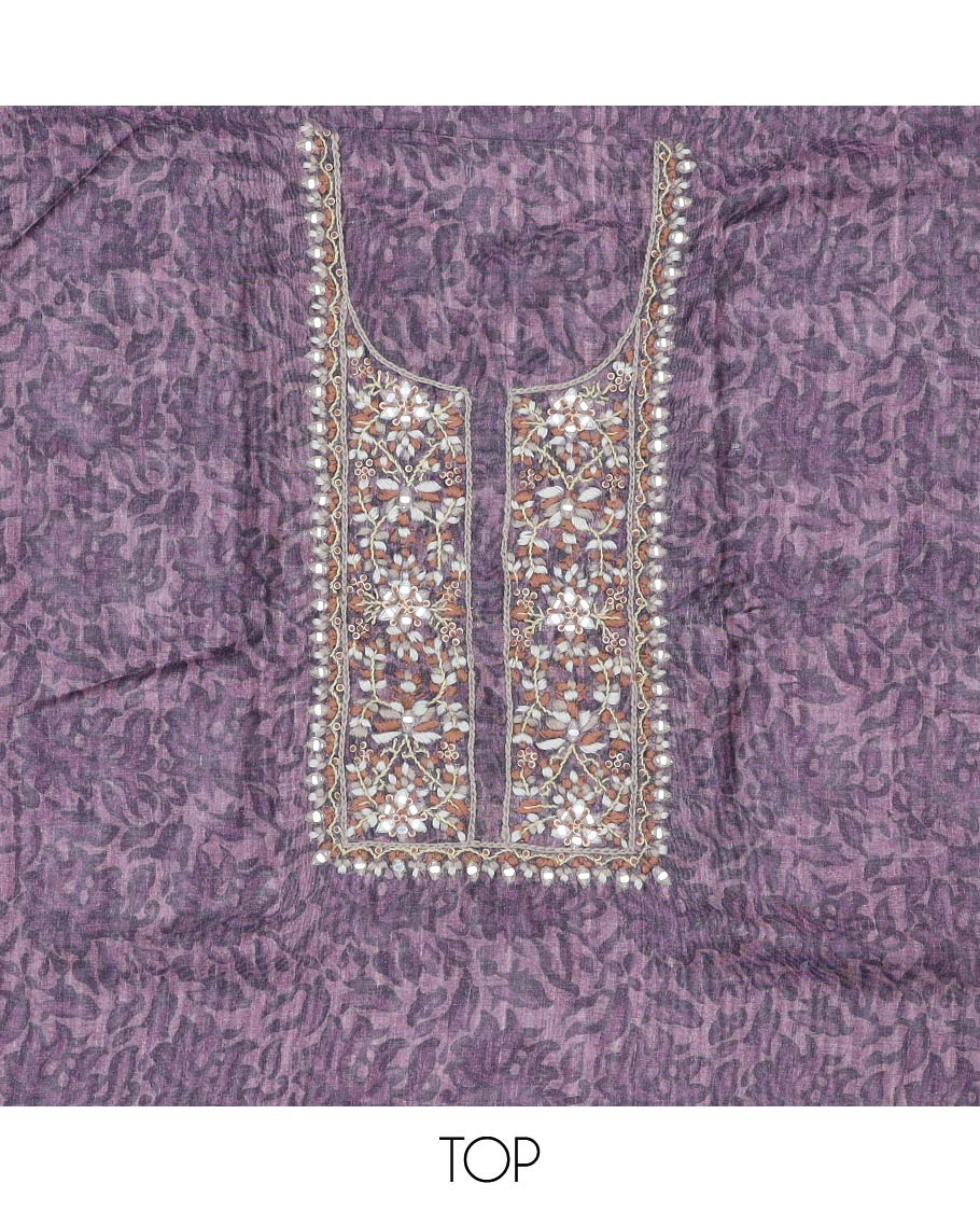 Purple material chudidhar set, floral print & neck embroidered chanderi top, plain bottom & geometric printed dupatta