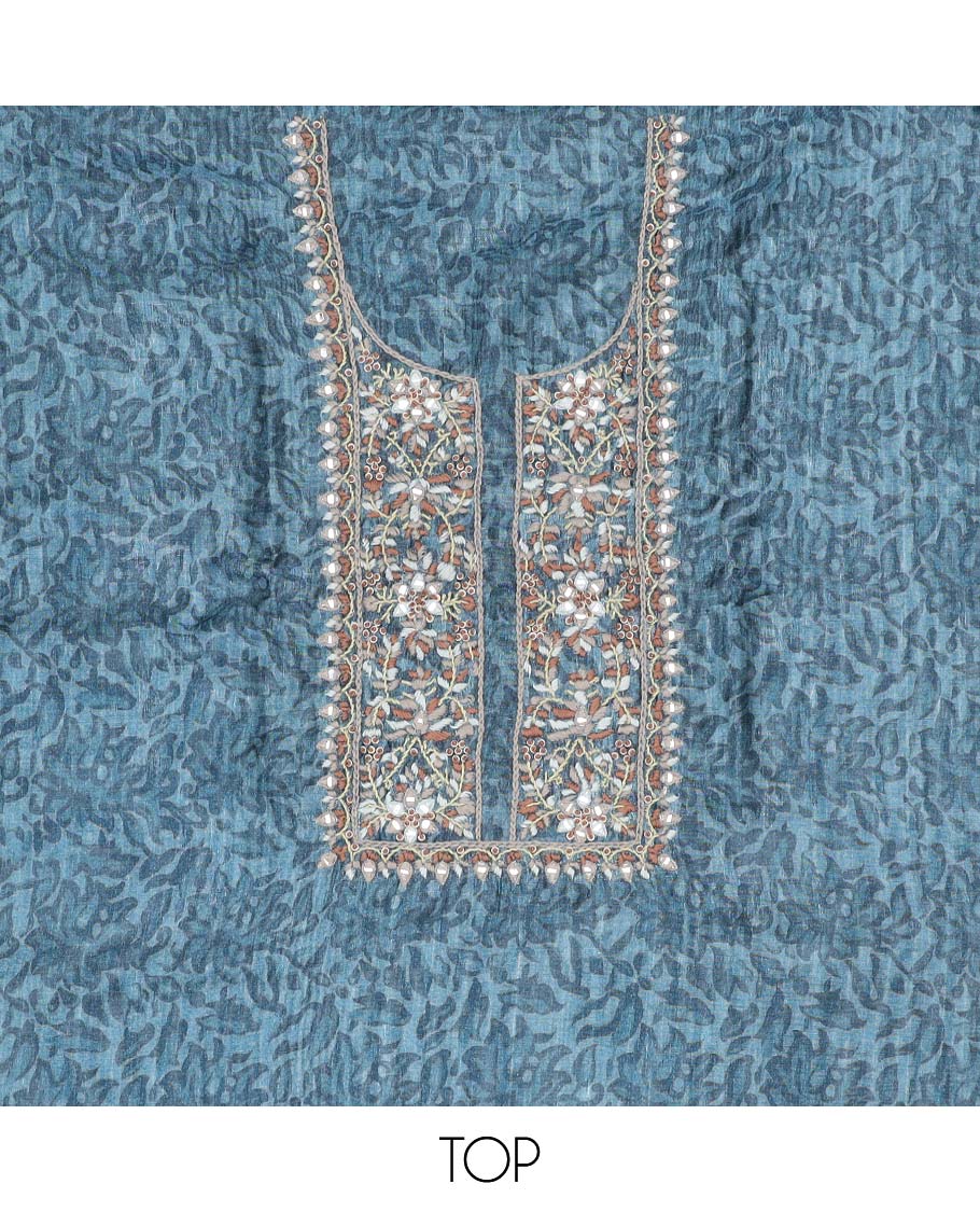 Blue material chudidhar set, floral print & neck embroidered chanderi top, plain bottom & geometric printed dupatta