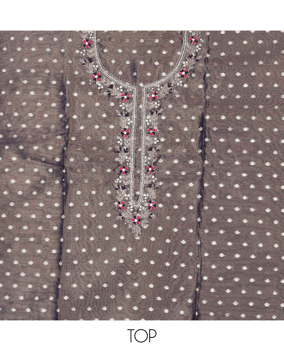 Blue material chudidhar set, butta & neck embroidery top, contrast plain bottom & banaras dupatta