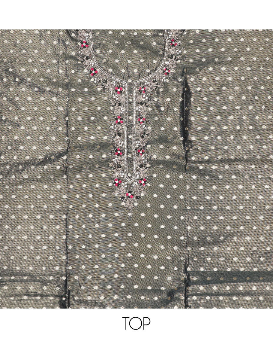 Grey material chudidhar set, butta & neck embroidery top, contrast plain bottom & banaras dupatta