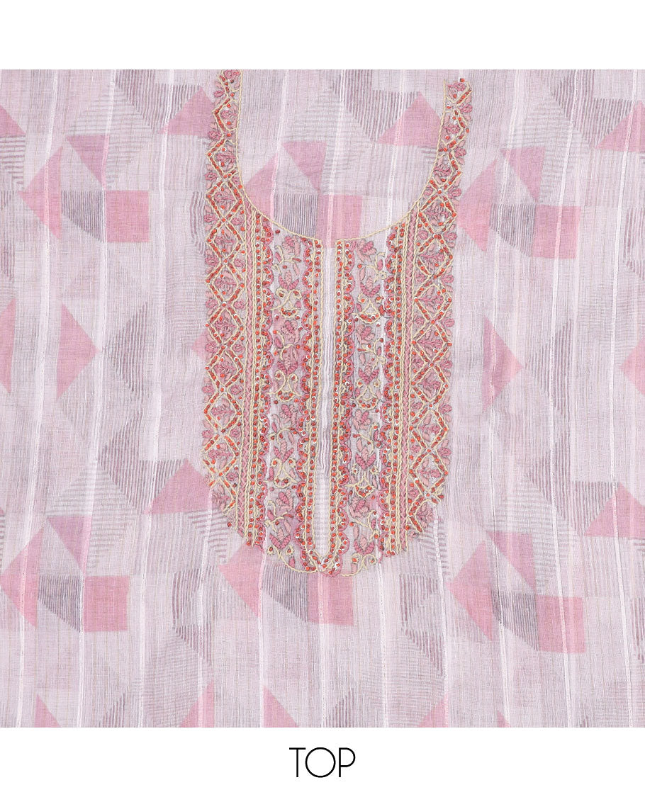 Pink material chudidhar set, geometric print & embroidery chanderi top, solid bottom & floral & geometric print dupatta