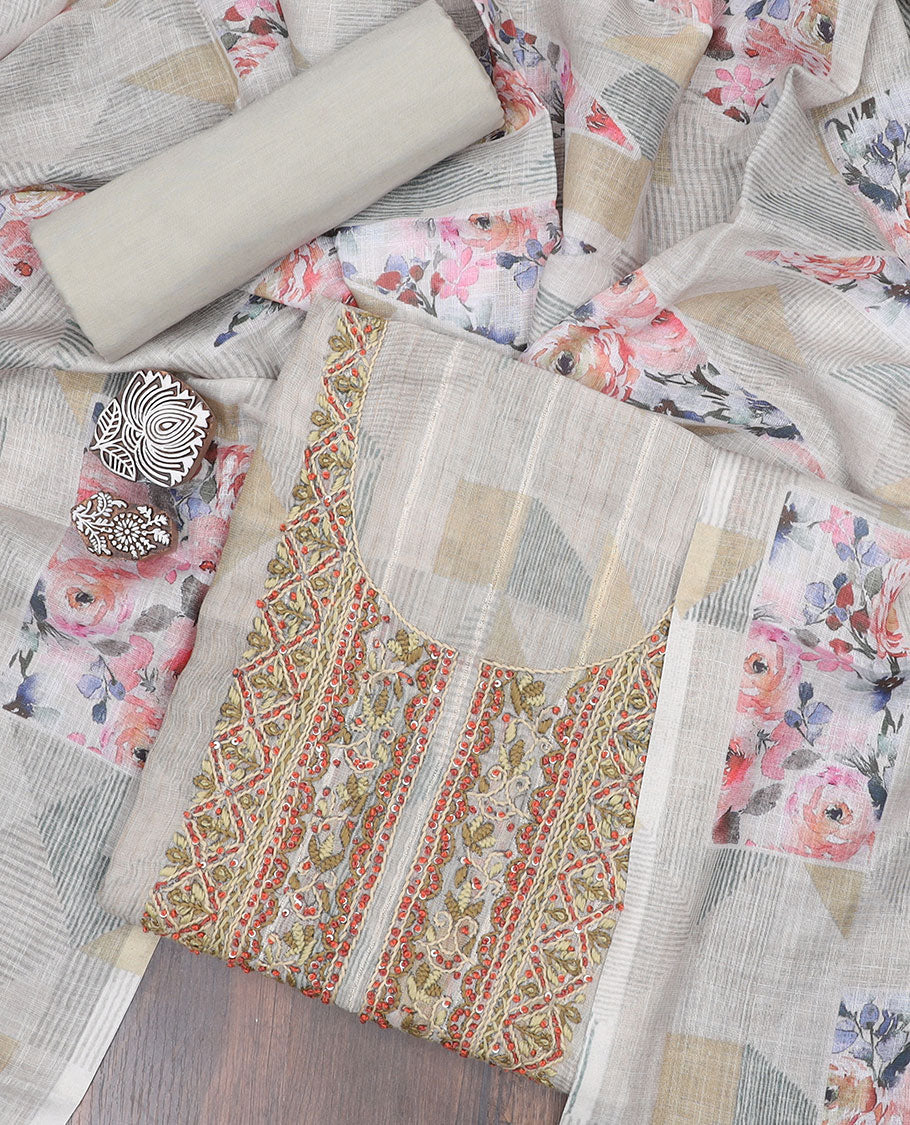 Grey material chudidhar set, geometric print & embroidery chanderi top, solid bottom & floral & geometric print dupatta