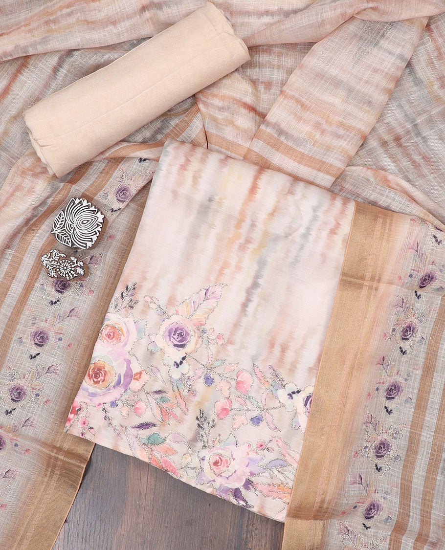 Sandal material chudidhar set, abstract floral print Russian silk top, solid bottom & abstract floral printed dupatta