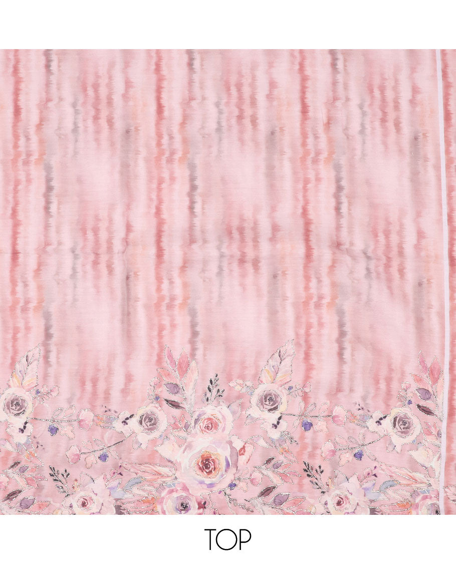 Peach material chudidhar set, abstract floral print Russian silk top, solid bottom & abstract floral printed dupatta