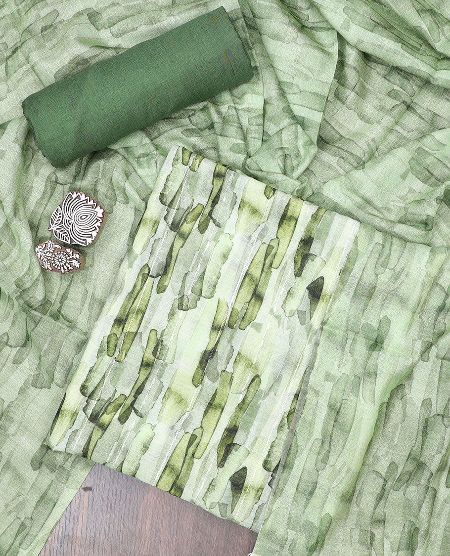 Green material chudidhar set, abstract printed linen top, solid santoon bottom & abstract printed linen dupatta