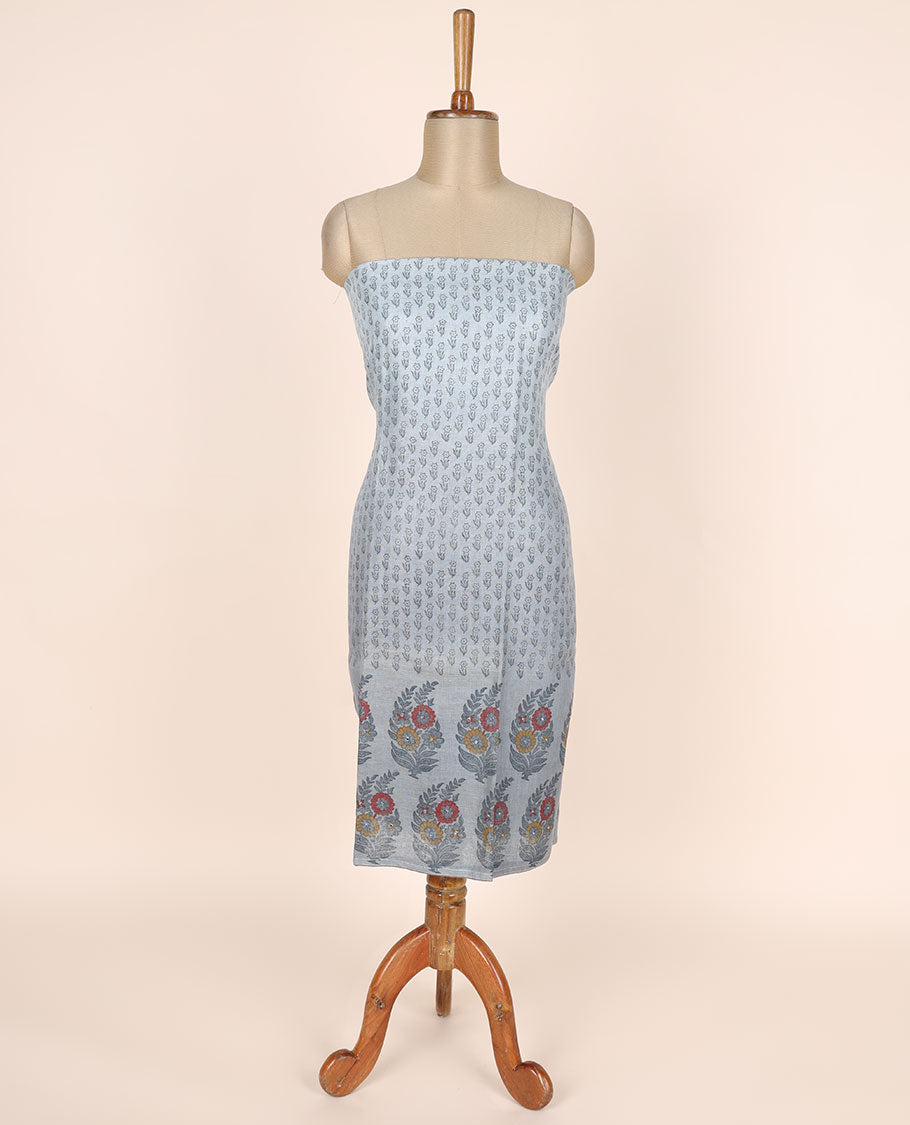 Grey material chudidhar set, floral printed linen cotton top, plain bottom & floral printed dupatta
