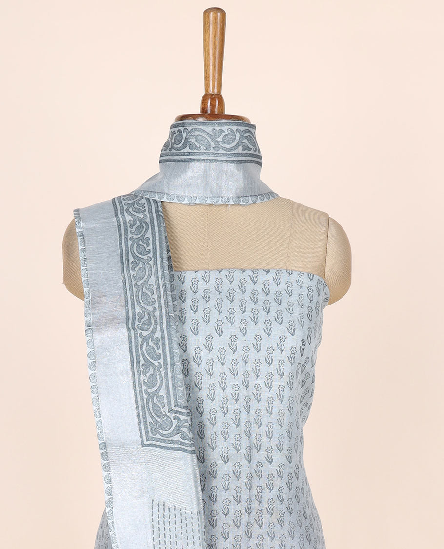 Grey material chudidhar set, floral printed linen cotton top, plain bottom & floral printed dupatta