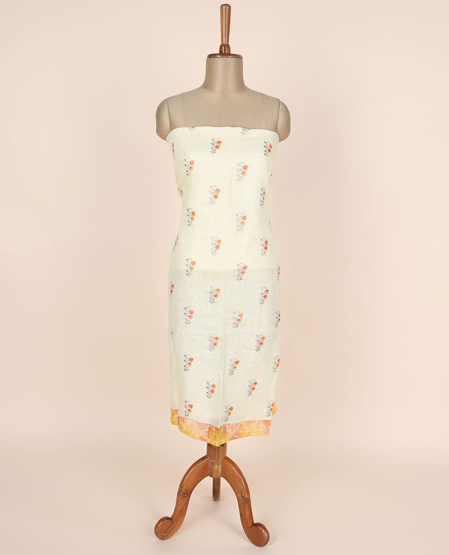 Cream material chudidhar set, floral motifs linen cotton top, plain bottom & abstract geometric printed dupatta
