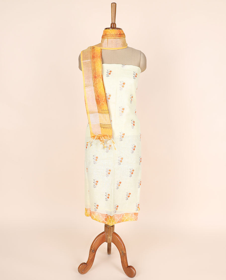 Cream material chudidhar set, floral motifs linen cotton top, plain bottom & abstract geometric printed dupatta