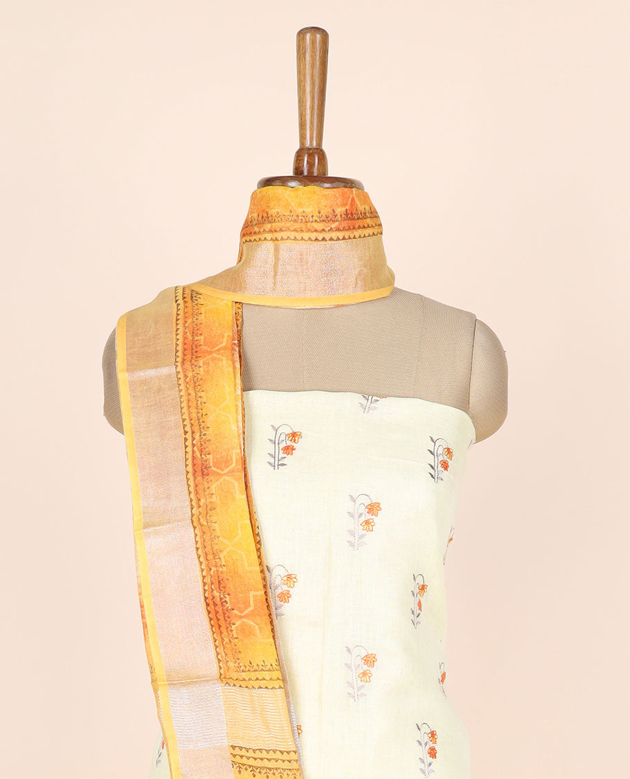 Cream material chudidhar set, floral motifs linen cotton top, plain bottom & abstract geometric printed dupatta