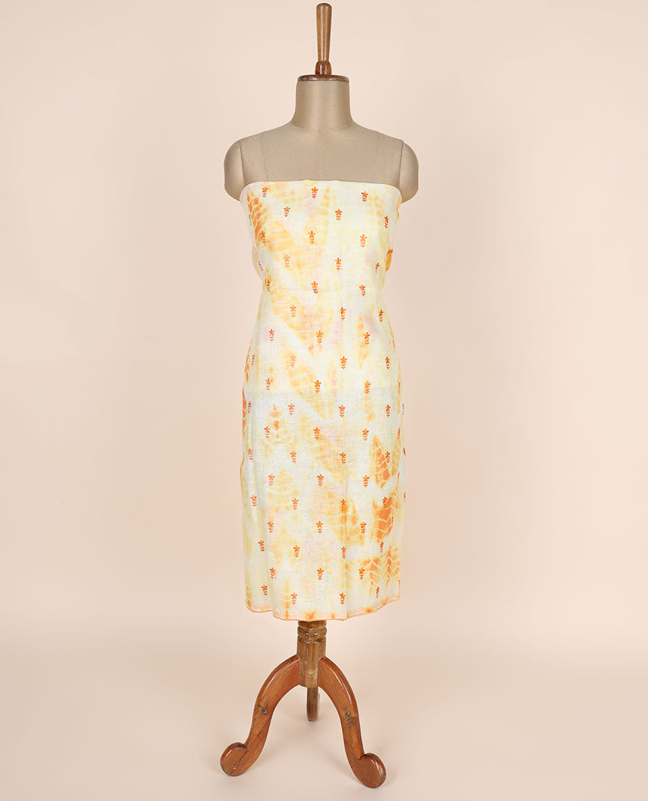 Orange material chudidhar set, floral embroidered linen cotton top, contrast plain bottom & floral design dupatta
