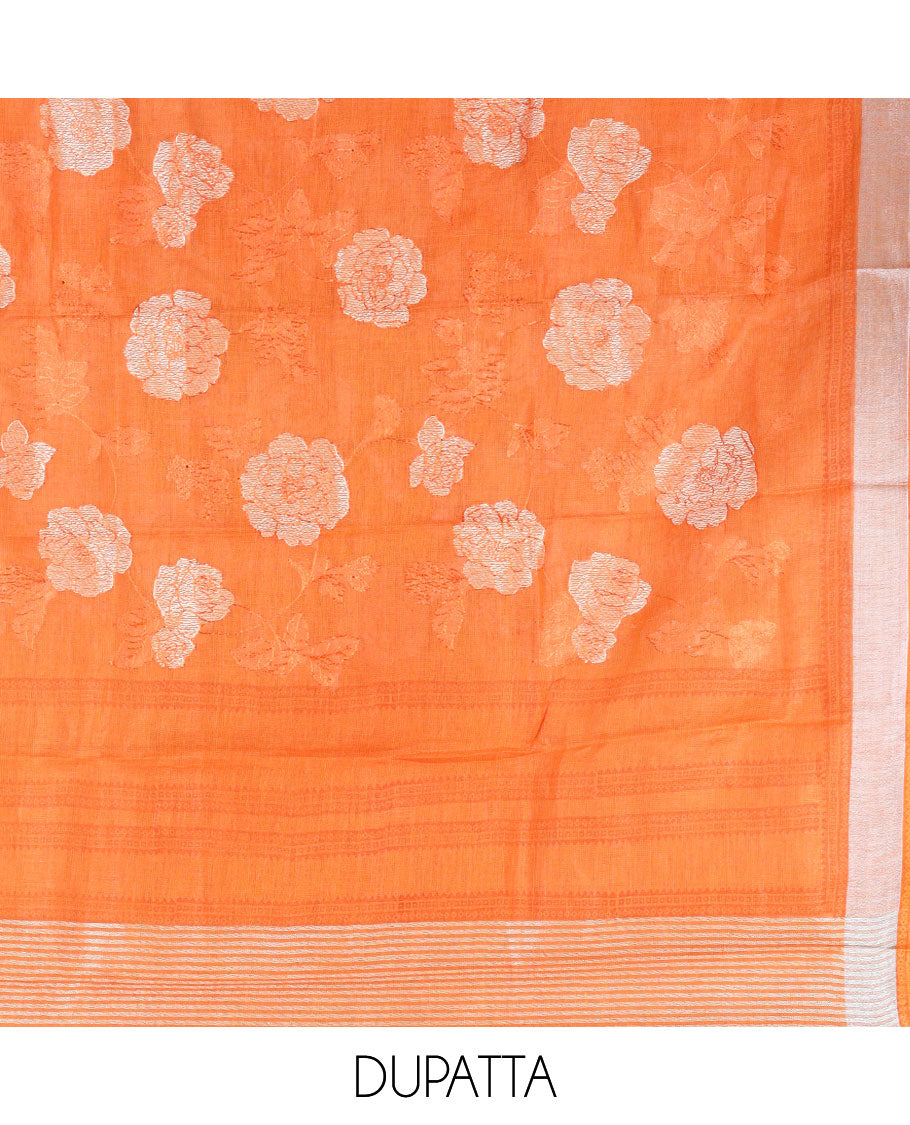 Orange material chudidhar set, floral embroidered linen cotton top, contrast plain bottom & floral design dupatta